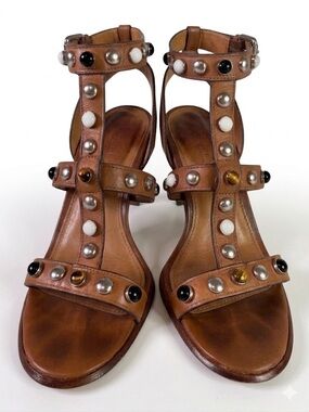 Coach Brown Leather T-Strap Sandals with Black, White & Amber Studs. Size 6.5